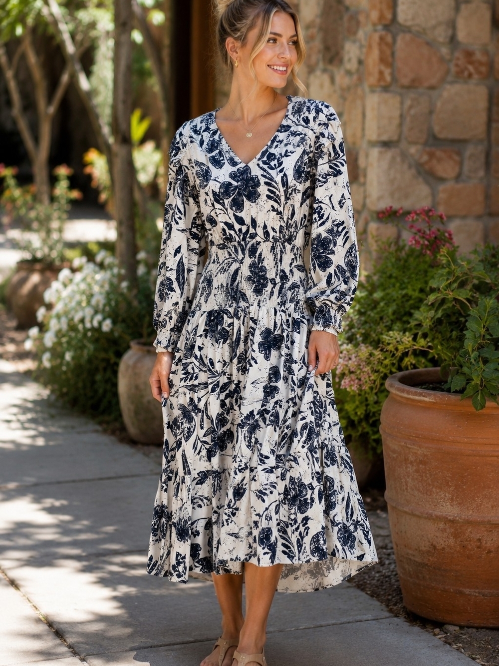 AQUA Black Gray Linen Floral Smocked Midi Dress Ruffle Sleeve Side Zip Small
